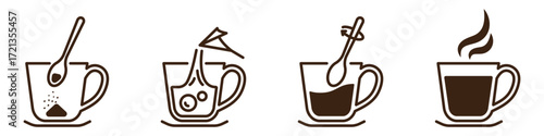 Basic steps to prepare a finished drink from freeze-dried granulated coffee. Instant coffee making process with kettle, cup and teaspoon. Linear outline icons for packaging instructions and beverages.