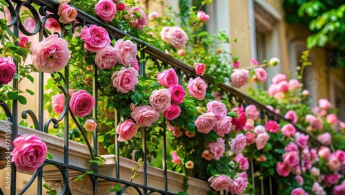 Delicate pink climbing roses adorn a ornate balcony railing