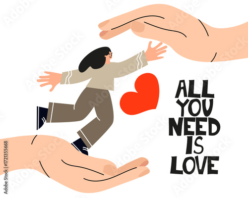 Concept of support and kindness in community. Help and compassion in life. All you need is Love. Absolute love, charity, kindness symbol concept.Vector illustration. 