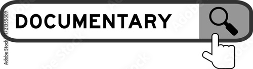 Search banner in word documentary with hand over magnifier icon on white background