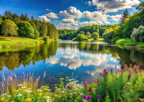 Serene forest lake on a warm sunny summer day with lush greenery and vibrant wildflowers surrounding the calm water's edge