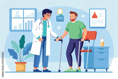 Flat design illustration of a doctor consulting with a patient in a hospital setting.