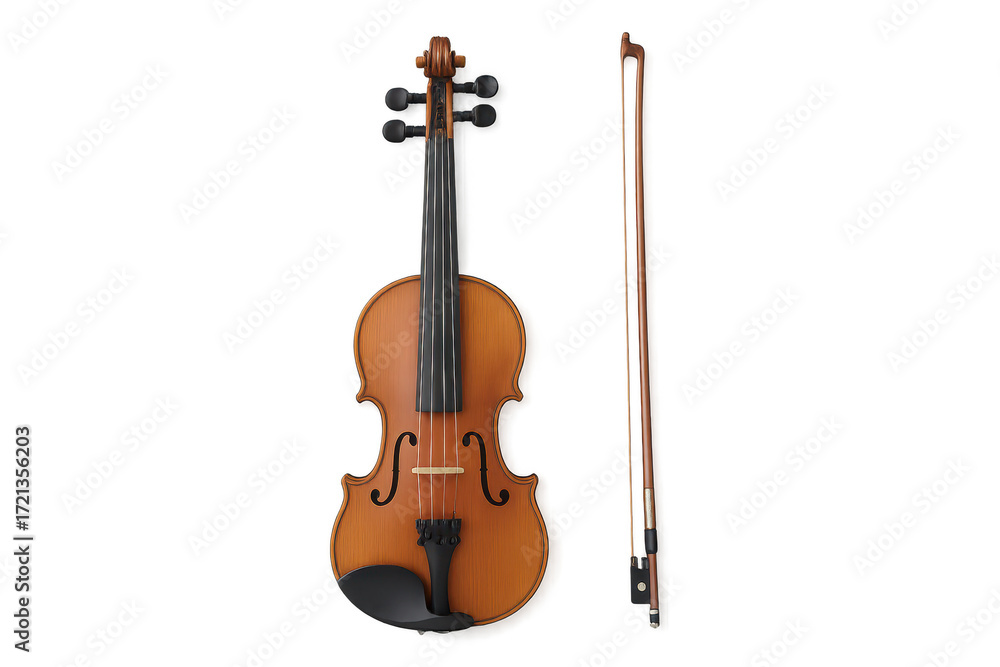 Fototapeta premium Wooden violin with bow isolated on transparent background, classic instrument