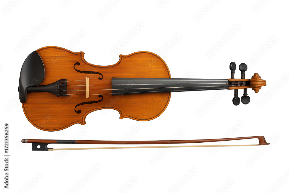 Fototapeta premium Violin and bow isolated on transparent background, musical instrument cut out