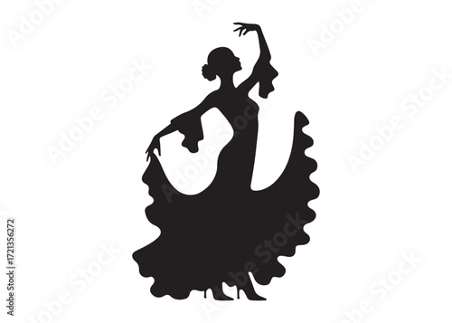 flamenco dancer logo silhouette vector, woman  flamenco dress dancing vector silhouette, flamenco dance silhouette vector, traditional flamenco dancer logo silhouettes vector on white background