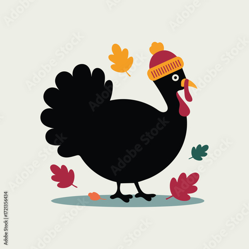 Cute cartoon turkey wearing a beanie and surrounded by autumn leaves Keywords turkey, thanksgiving, autumn, fall, bird, animal, cartoon