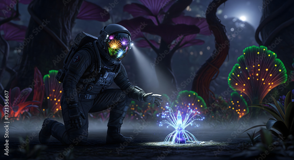 Fototapeta premium Astronaut's Discovery: A lone astronaut explores an alien environment with glowing flora, illuminated by a soft beam of light. The scene captures wonder and the spirit of discovery.