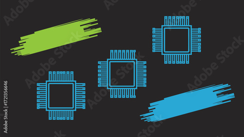 Illustration of computer chips with green and blue brush strokes on a dark gray background art style