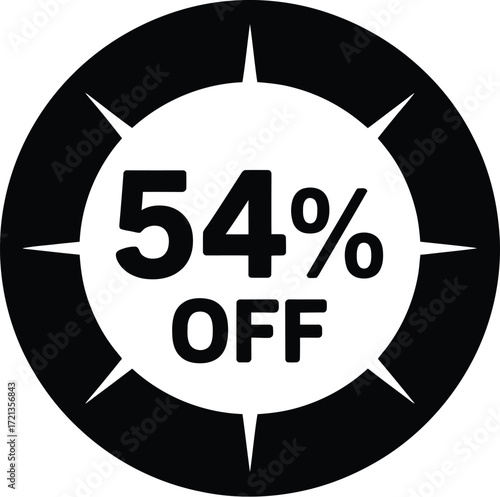 Fifty four percent off in a circular black shape