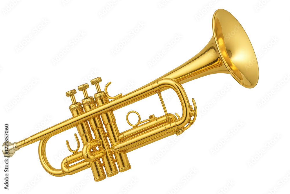 Obraz premium Golden Trumpet isolated on transparent background, musical instrument, cut out