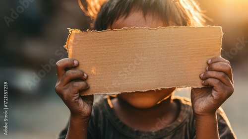 Child holding a cardboard sign at sunset in an urban environment