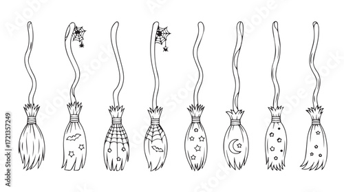 Collection of hand drawn sketch broomsticks magical flying tools for halloween and fantasy themes silhouette