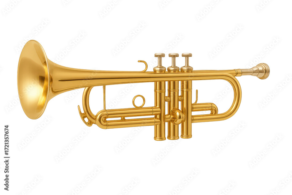Fototapeta premium Shining golden brass trumpet musical instrument isolated on a transparent background
