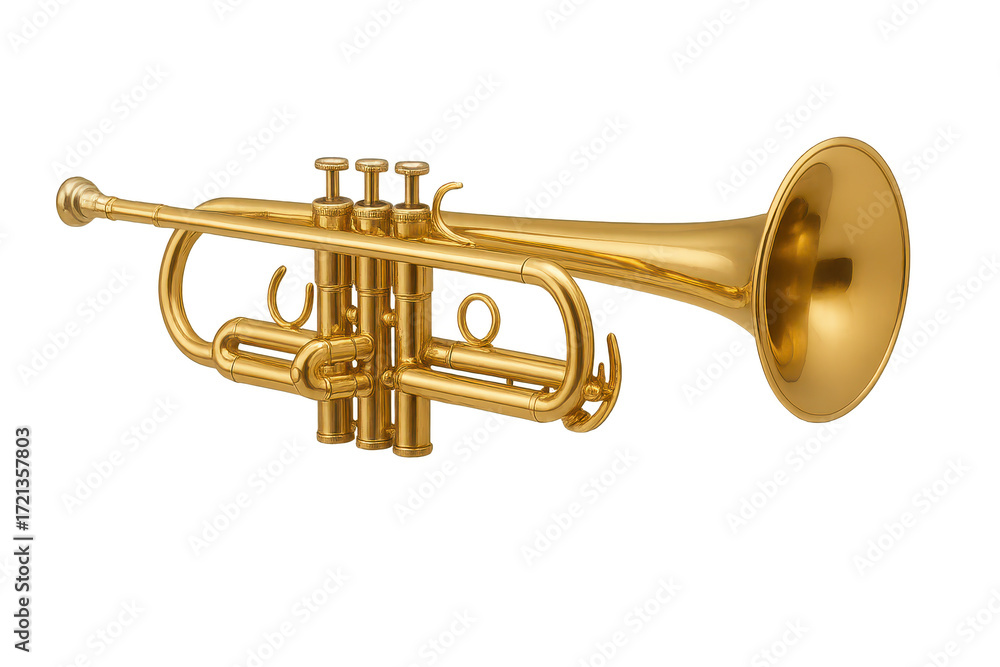Obraz premium Shining golden brass trumpet isolated on transparent background, classical music instrument