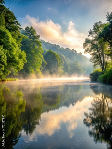 Wallpaper Mural Foggy morning over serene river with silvery mist rising from water surface Torontodigital.ca