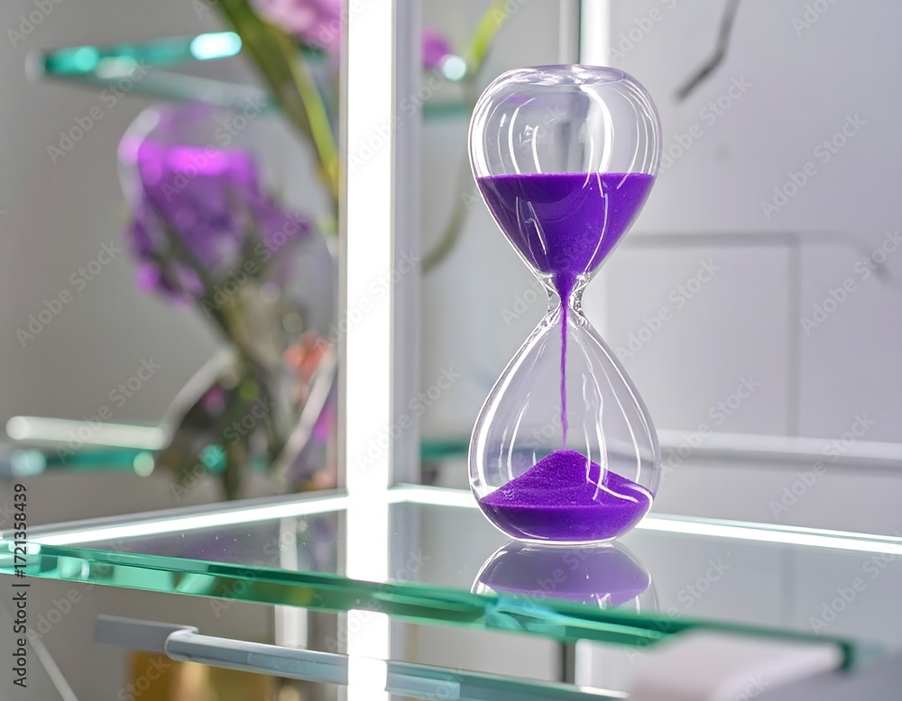 Fototapeta premium Elegant glass hourglass with flowing purple sand high resolution photo