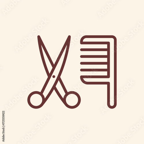Elegant minimalist haircut design features comb and scissors for beauty salon branding, stylish barbershop decor, or modern hairstyling services