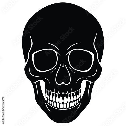 Illustration of a black skull with white teeth