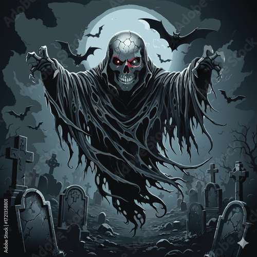 A terrifying ghost rises from a graveyard under a full moon, surrounded by bats, creating a spooky halloween scene