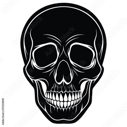 Illustration of a black skull with white teeth