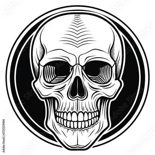 Detailed skull illustration in black and white with a circular background