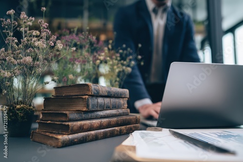 Businessman Working Amidst Vintage Books and Flowers in Modern Office.