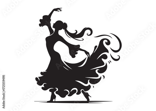 flamenco dancer logo silhouette vector, woman  flamenco dress dancing vector silhouette, flamenco dance silhouette vector, traditional flamenco dancer logo silhouettes vector on white background