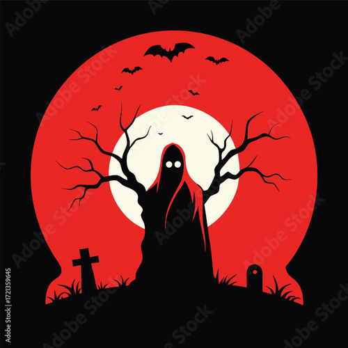 Grim reaper silhouette in front of a full moon with bats and bare trees halloween illustration with a spooky and scary atmosphere