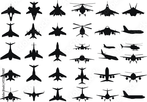 Aircraft silhouette vector set, military jet, commercial plane, helicopter icons, aviation grid, top view, editable, black, isolated, collection