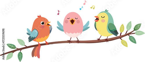 Three colorful birds perched on a branch, singing joyfully in a bright, sunny environment.
