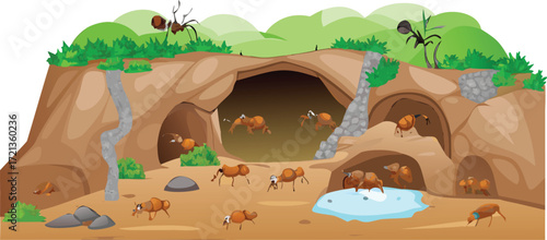Vector illustration of an ant hill with ants crawling around, showcasing a detailed underground structure.
