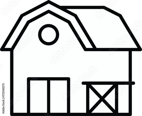 Black outline icon of a barn with a gambrel roof and double doors farm building