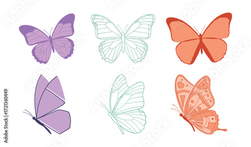 Six stylized butterflies in purple green and coral on white background butterfly insect