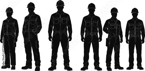 Construction worker silhouettes, industrial team in hard hats, professional labor force, safety gear, vector illustration for workforce diversity, engineering, and occupational roles