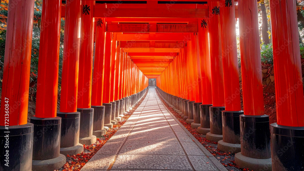 Fototapeta premium Endless vermilion torii gates in Kyoto Japan shining under sunlight symbolizing tradition, journey, and transformation