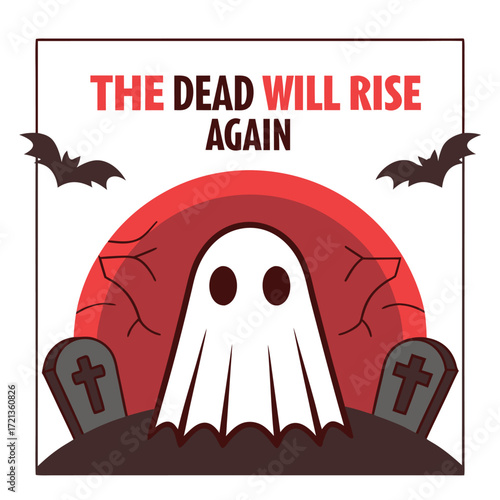 Eerie halloween illustration of a ghost emerging from the ground with bats and tombstones, ideal for invitations and decorations isolated on white background