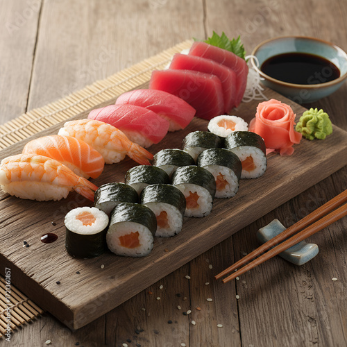 Traditional Japanese Sushi Set with Fresh Sashimi and Rolls