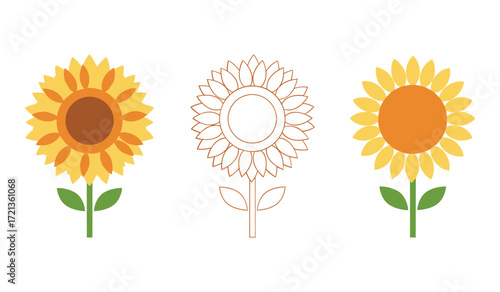 Three stylized sunflowers one outline two filled yellow and orange green