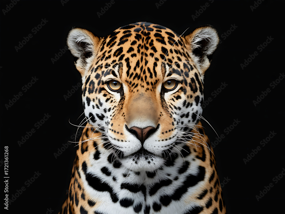 Obraz premium Close up portrait of a majestic jaguar with striking spots against a dark background