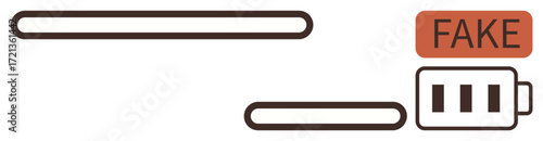 Minimalist design of a battery icon with low charge next to FAKE label. Ideal for technology, fraud detection, energy efficiency, misinformation, power management, digital warnings, awareness
