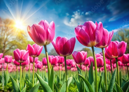 Vibrant pink tulips stand tall in a sunny meadow