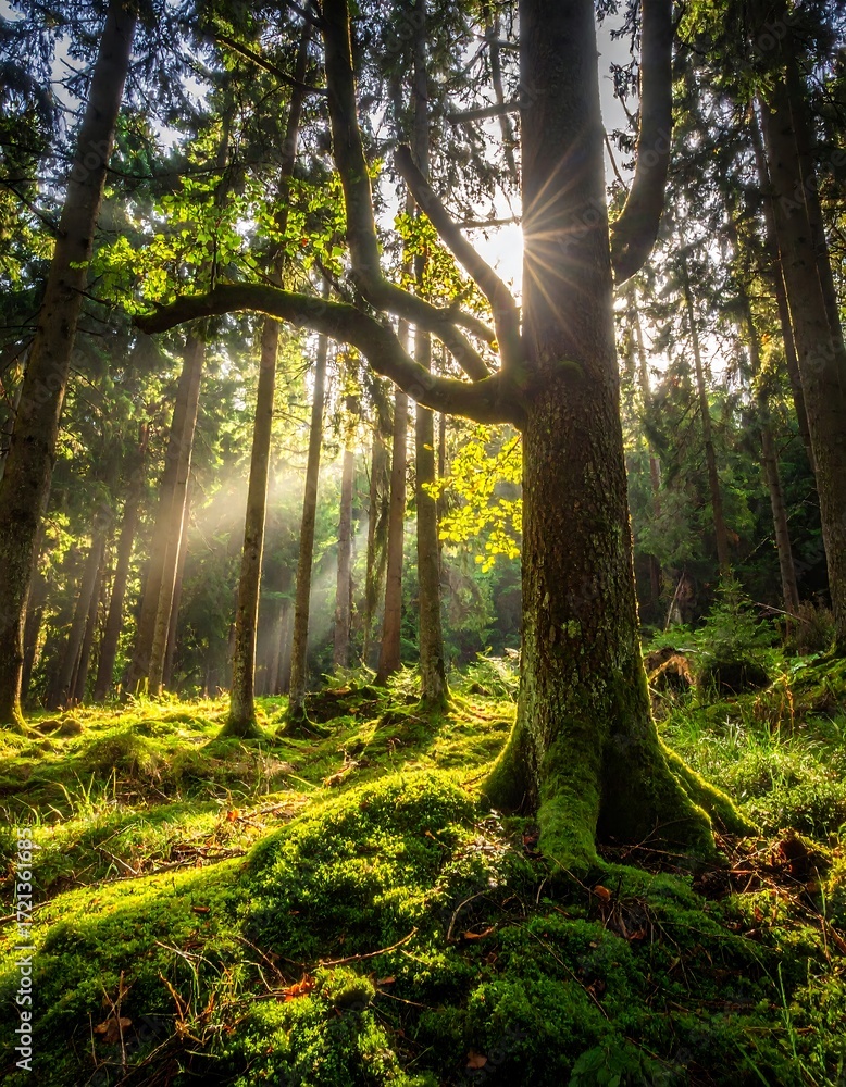 Fototapeta premium Sunlight streams through a mossy forest