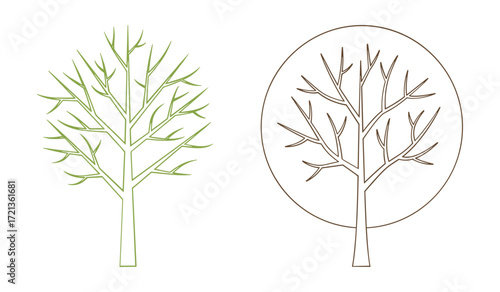 Two stylized trees one green and one brown with bare branches on white background green tree brown tree