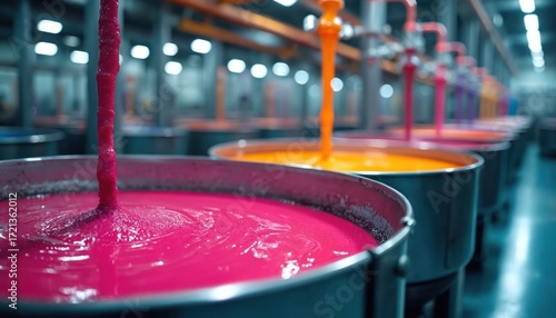 Massive mixing vats blend vibrant pigments, chemicals in clean, modern paint manufacturing factory. Process uses advanced technology for production of quality wall paint. Liquids fill containers in