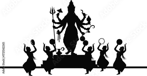 Hindu deity silhouette with multiple arms, traditional symbols, dancing figures, musical instruments, cultural celebration, religious worship, black vector illustration, spiritual art