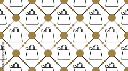A repeating pattern of shopping bags with circles and lines on a white background in a seamless design