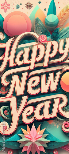 Happy New Year Festive 3D Typography With Colorful Leaves Snowflakes and Decorative Elements