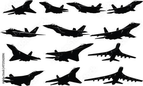 Military aircraft silhouettes vector, fighter jet icons, bomber plane shapes, aviation graphic set, warplane profiles, air force illustration, combat aircraft design