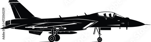 Modern fighter jet silhouette vector, military aircraft side view, twin tail design, landing gear deployed, aviation illustration for defense and aerospace content