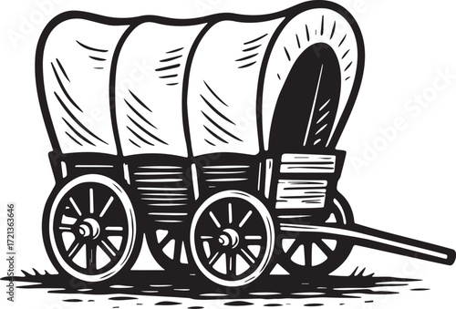 Covered wagon illustration in rustic linocut style representing pioneer travel